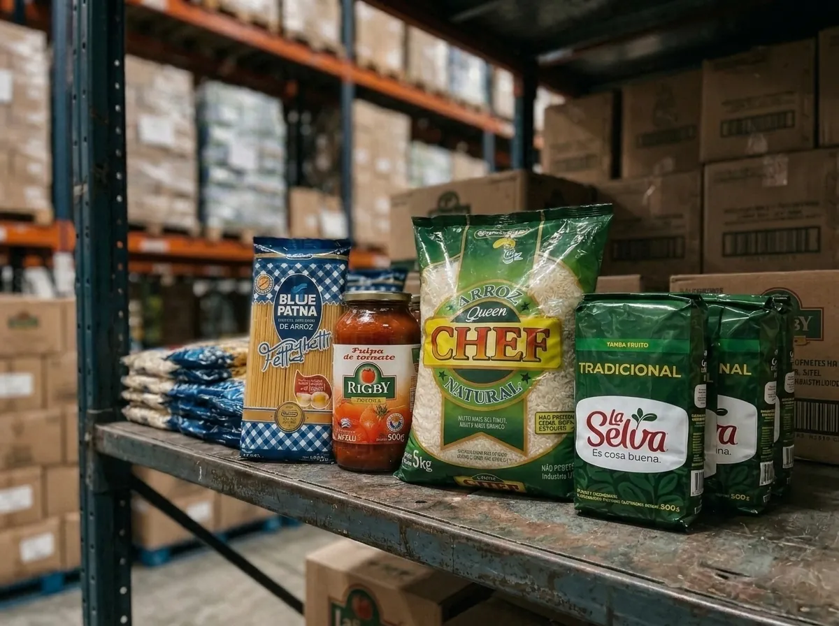 Alimentos por mayor no perecederos: arroz, fideos y aceite agrupados