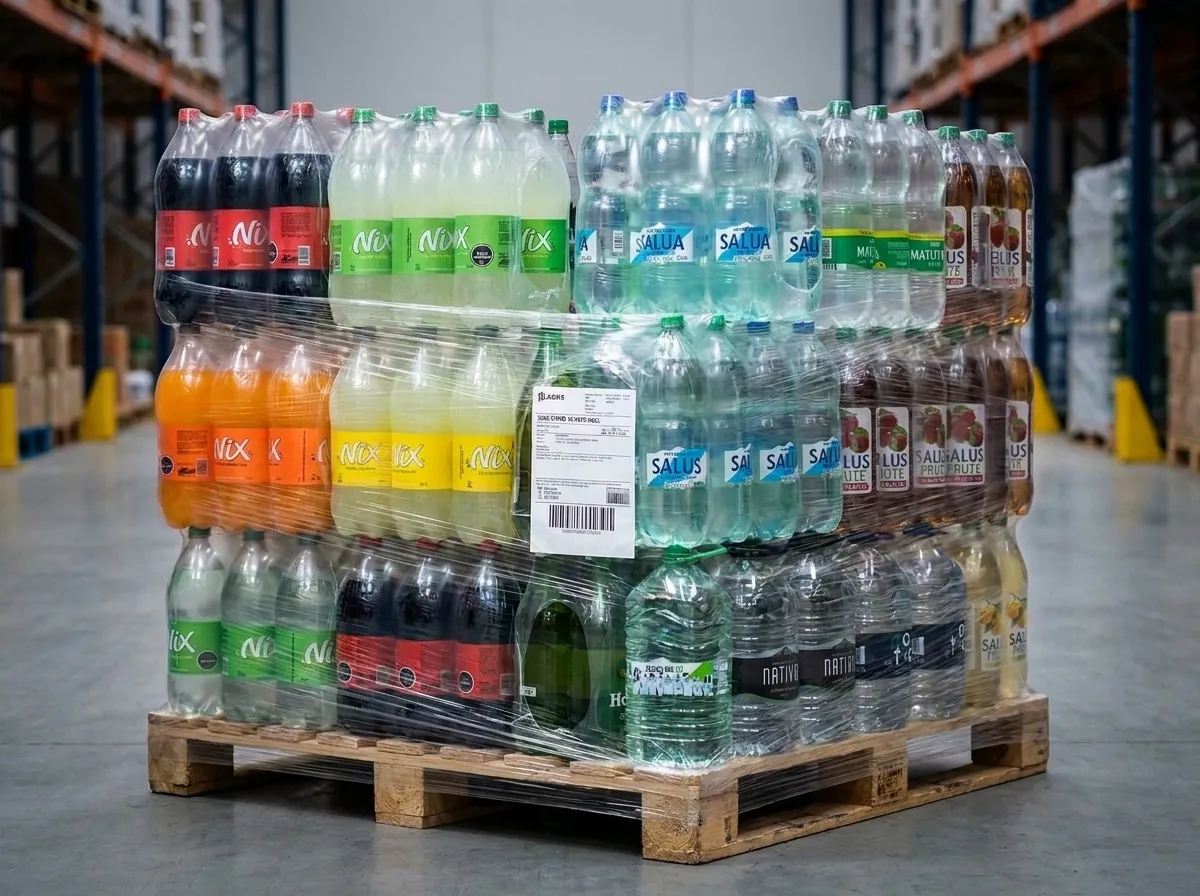 Refrescos y aguas por mayor paletizados en depósito