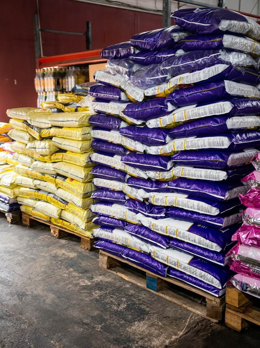 Stock de arroz y otros comestibles por mayor en pallets, listo para repartir